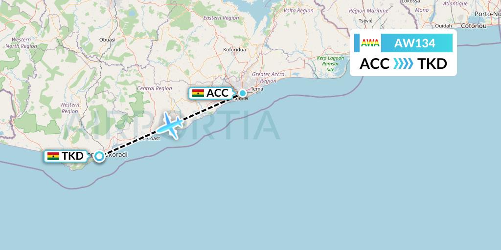 AW134 Africa World Airlines Flight Map: Accra to Takoradi