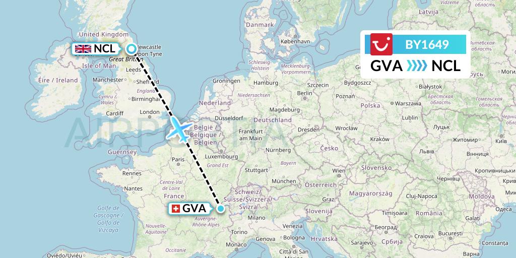BY1649 TUI Airways Flight Map: Geneva to Newcastle