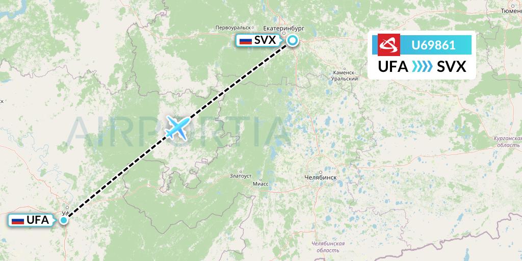 U69861 Ural Airlines Flight Map: Ufa to Yekaterinburg