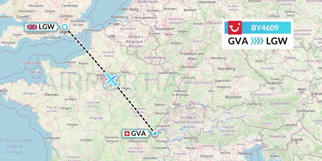 BY4609 TUI Airways Flight Map: Geneva to London