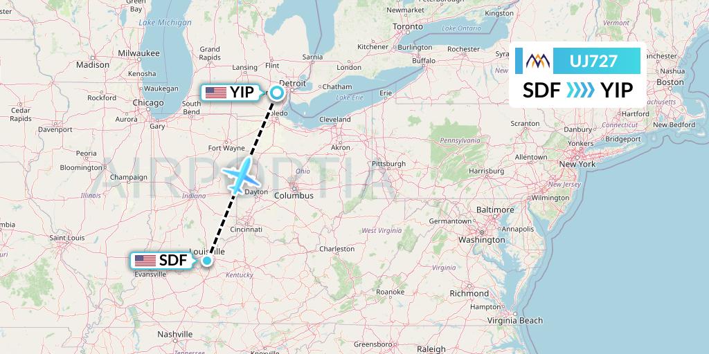 UJ727 AlMasria Universal Airlines Flight Map: Louisville to Detroit