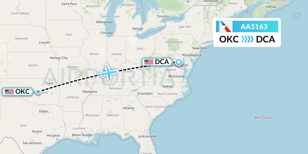 AA5163 American Airlines Flight Map: Oklahoma City to Washington