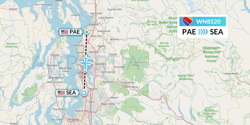 WN8520 Southwest Airlines Flight Map: Everett to Seattle