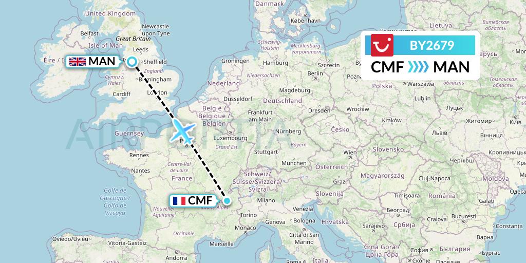 BY2679 TUI Airways Flight Map: Chambery to Manchester