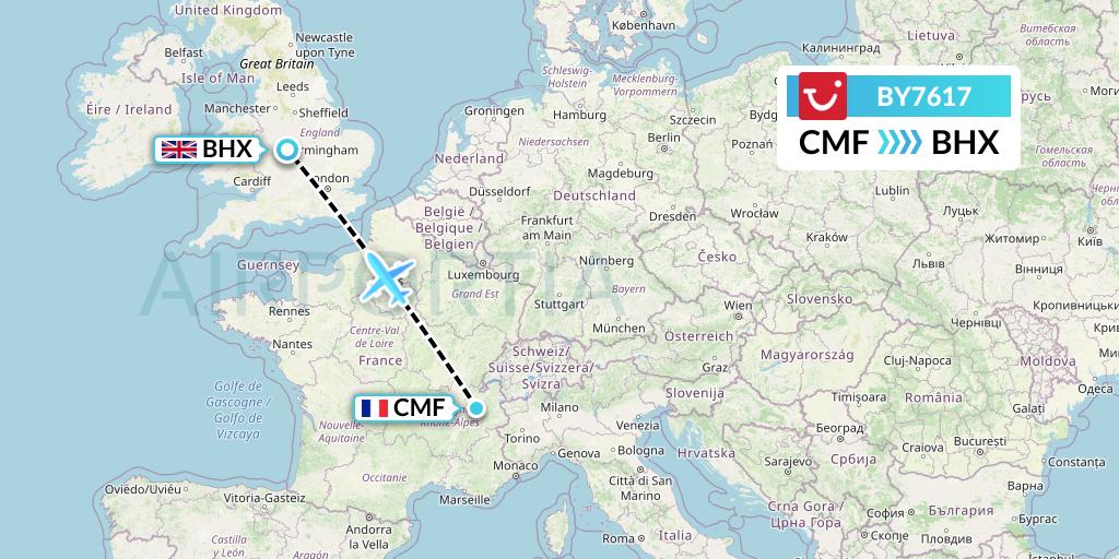 BY7617 TUI Airways Flight Map: Chambery to Birmingham