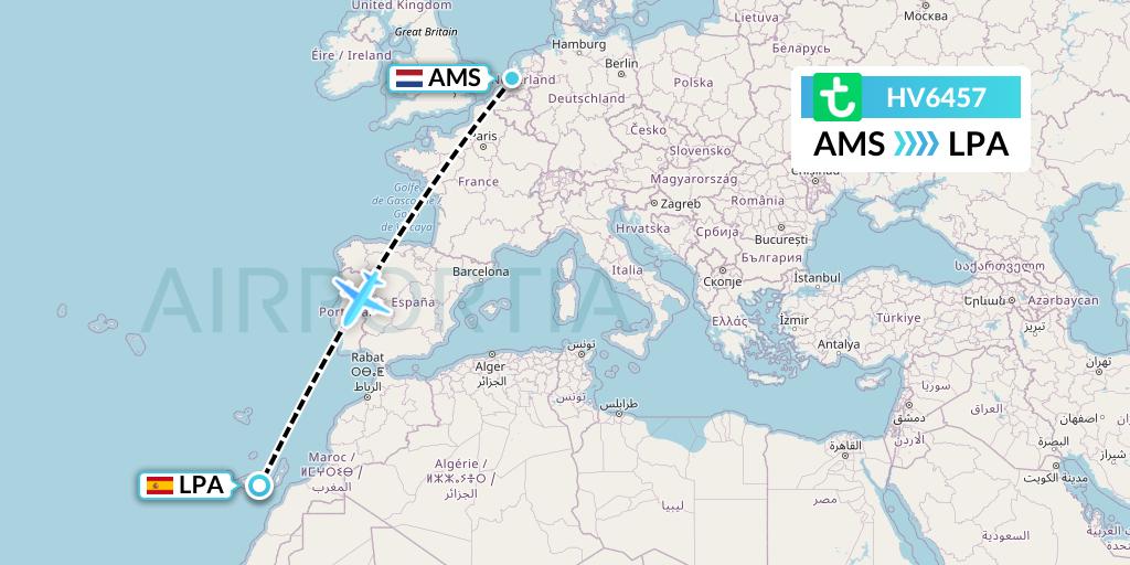 HV6457 Transavia Flight Map: Amsterdam to Las Palmas