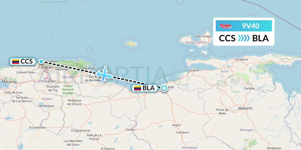 9V40 Avior Airlines Flight Map: Caracas to Barcelona