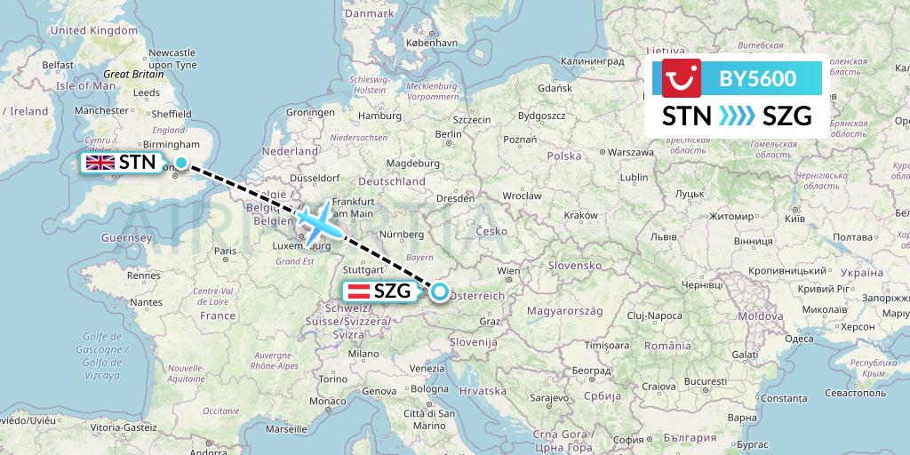 BY5600 TUI Airways Flight Map: London to Salzburg