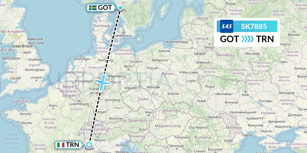 SK7885 SAS Flight Map: Gothenburg to Turin