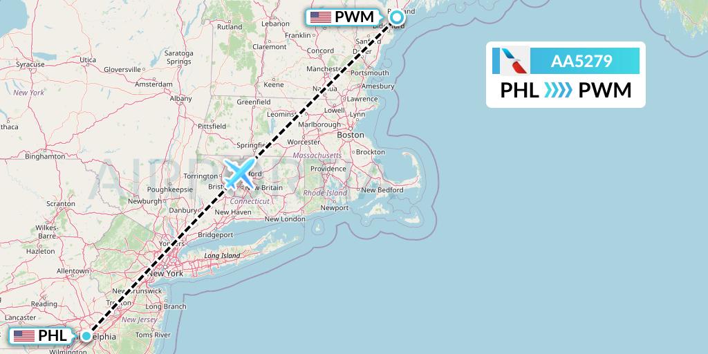 AA5279 American Airlines Flight Map: Philadelphia to Portland