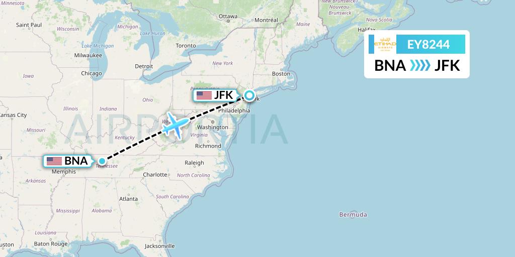 EY8244 Etihad Airways Flight Map: Nashville to New York