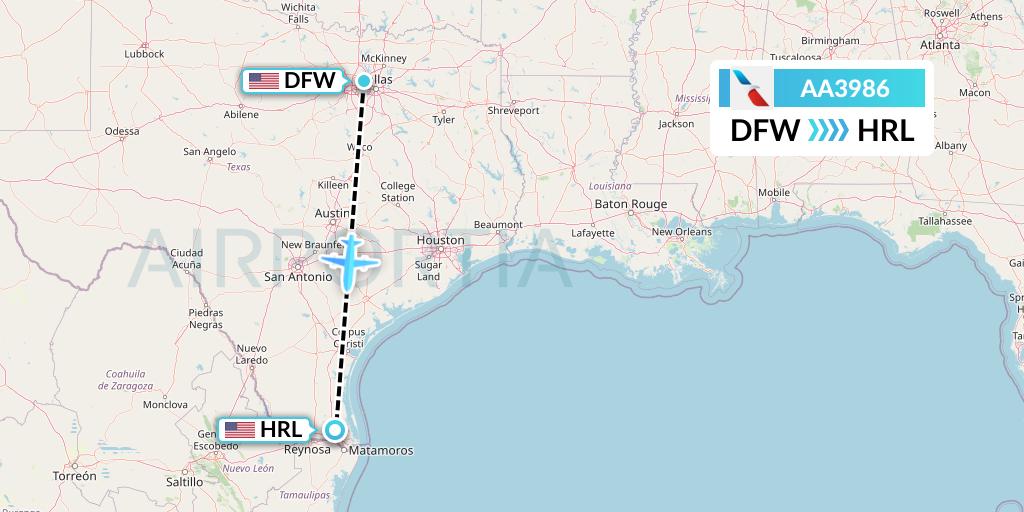 AA3986 American Airlines Flight Map: Dallas to Harlingen