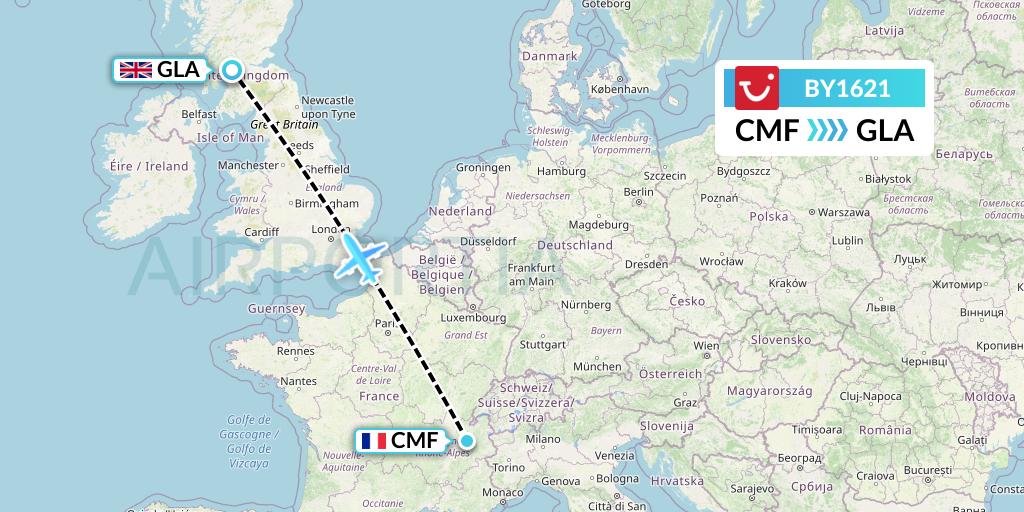 BY1621 TUI Airways Flight Map: Chambery to Glasgow