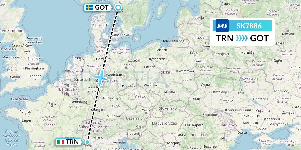 SK7886 SAS Flight Map: Turin to Gothenburg