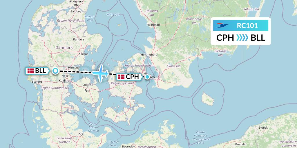 RC101 Atlantic Airways Flight Map: Copenhagen to Billund