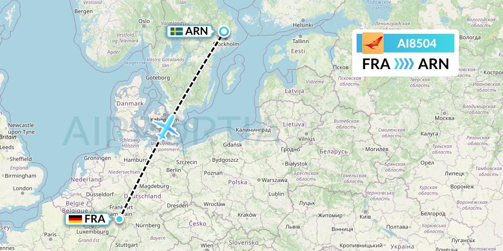 AI8504 Air India Flight Map: Frankfurt to Stockholm