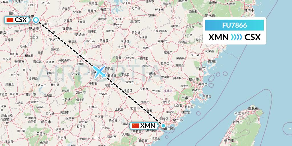 FU7866 Fuzhou Airlines Flight Map: Xiamen to Changsha