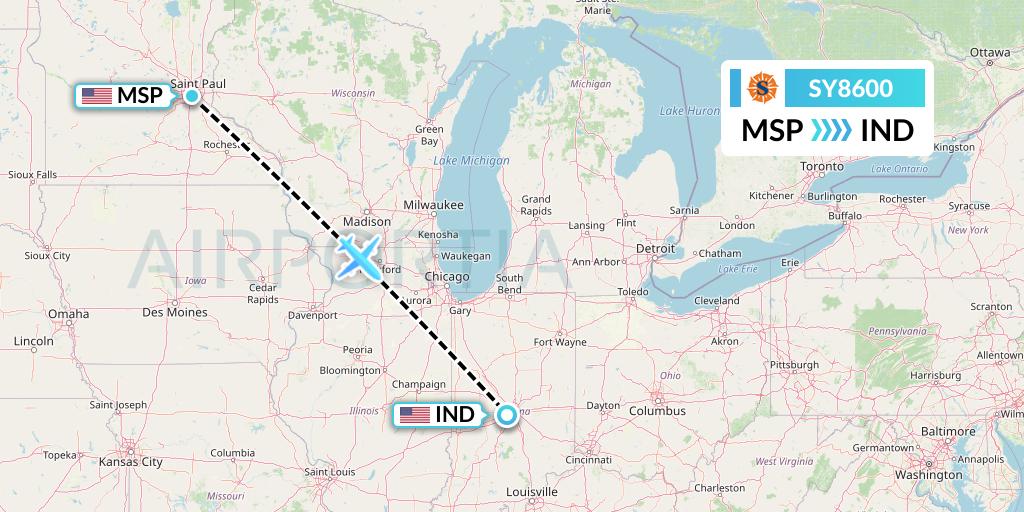 SY8600 Sun Country Airlines Flight Map: Minneapolis to Indianapolis