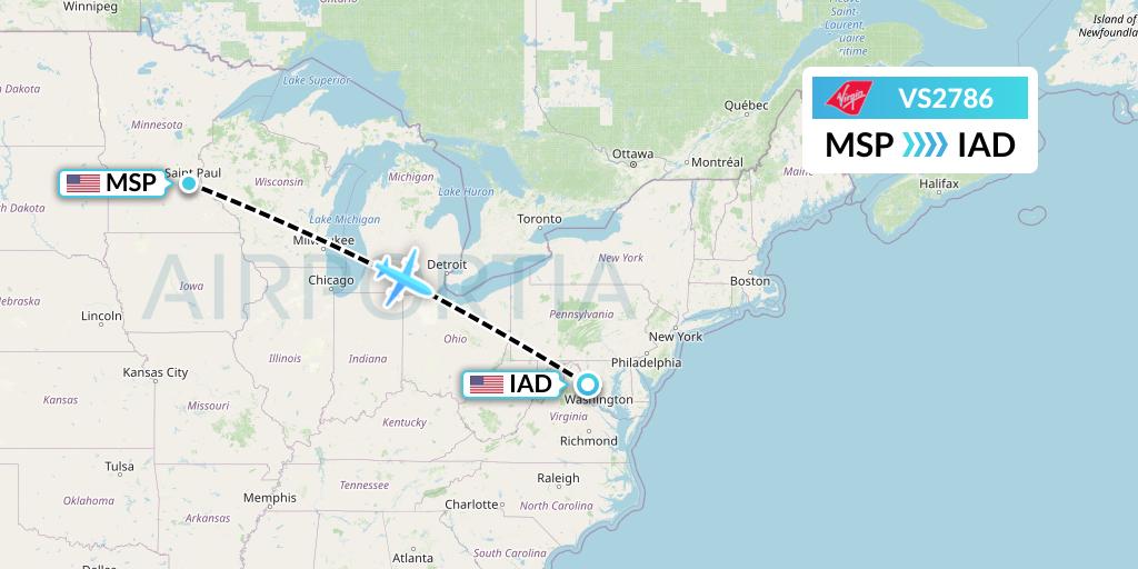 VS2786 Virgin Atlantic Airways Flight Map: Minneapolis to Washington