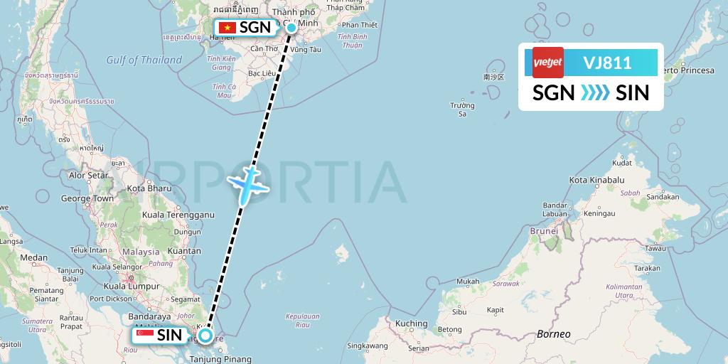 VJ811 VietJet Air Flight Map: Ho Chi Minh City to Singapore