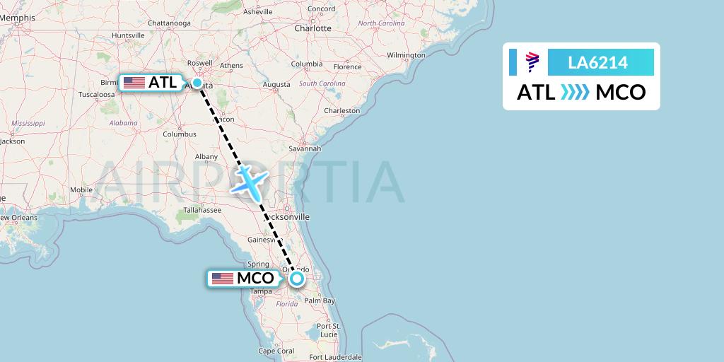 LA6214 LAN Airlines Flight Map: Atlanta to Orlando