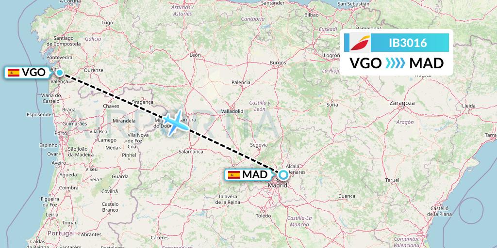 IB3016 Iberia Flight Map: Vigo to Madrid
