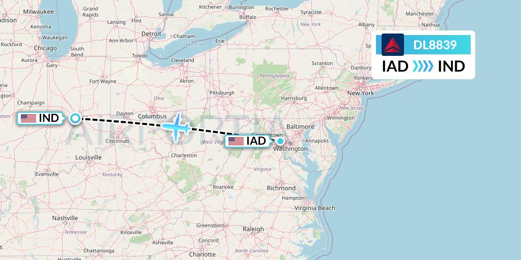 DL8839 Delta Air Lines Flight Map: Washington to Indianapolis