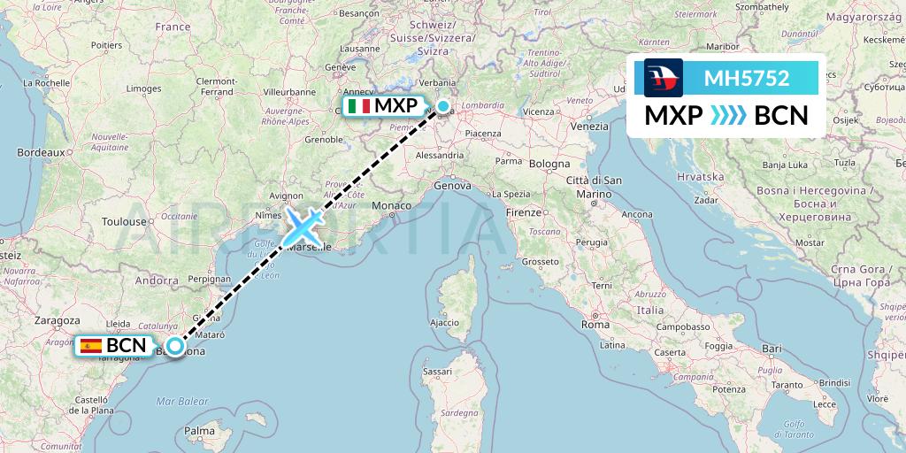 MH5752 Malaysia Airlines Flight Map: Milan to Barcelona
