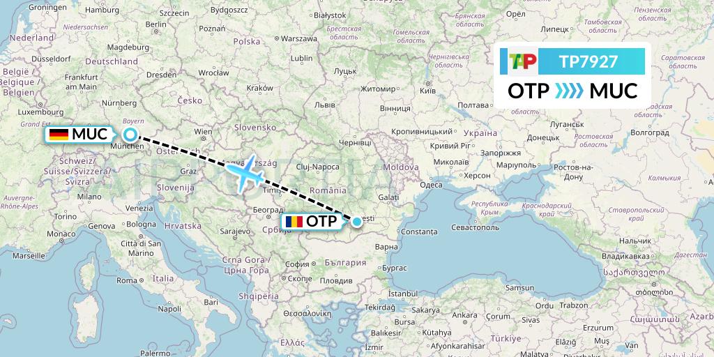 TP7927 TAP Portugal Flight Map: Bucharest to Munich
