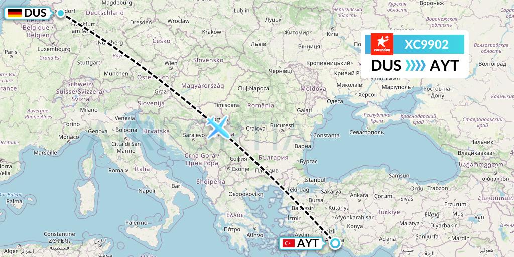 XC9902 Corendon Airlines Flight Map: Dusseldorf to Antalya