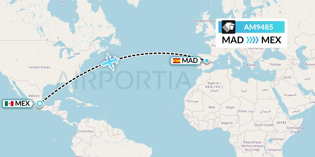 AM9485 Aeromexico Flight Map: Madrid to Mexico City