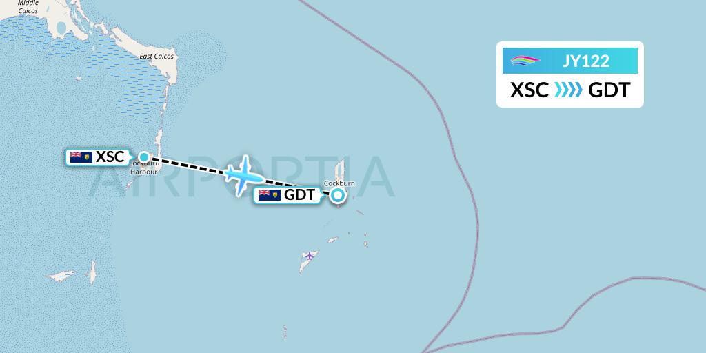 JY122 InterCaribbean Airways Flight Map: Turks and Caicos Islands to Cockburn Town