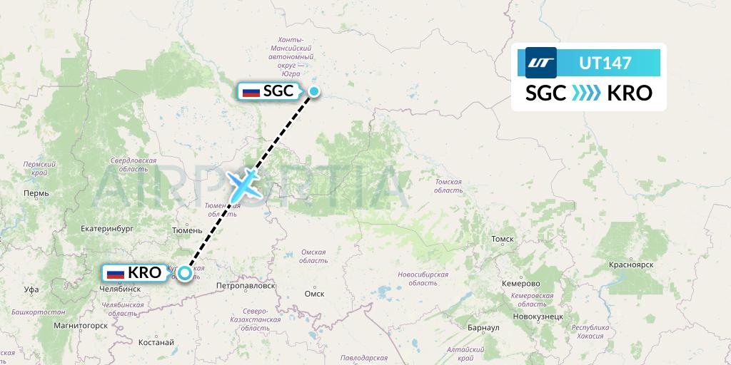 UT147 UTair Flight Map: Surgut to Kurgan