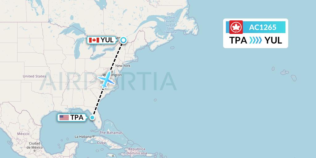 AC1265 Air Canada Flight Map: Tampa to Montreal