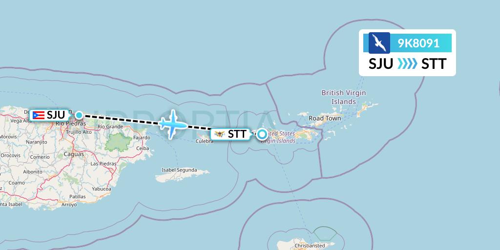 9K8091 Cape Air Flight Map: San Juan to St. Thomas
