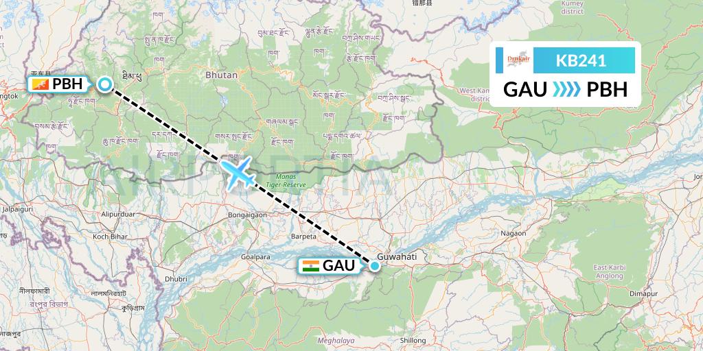 KB241 Druk Air Flight Map: Guwahati to Paro
