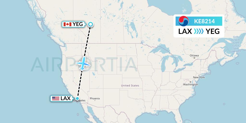KE8214 Korean Air Flight Map: Los Angeles to Edmonton