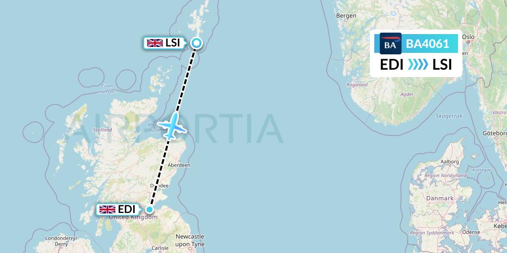 BA4061 British Airways Flight Map: Edinburgh to Sumburgh