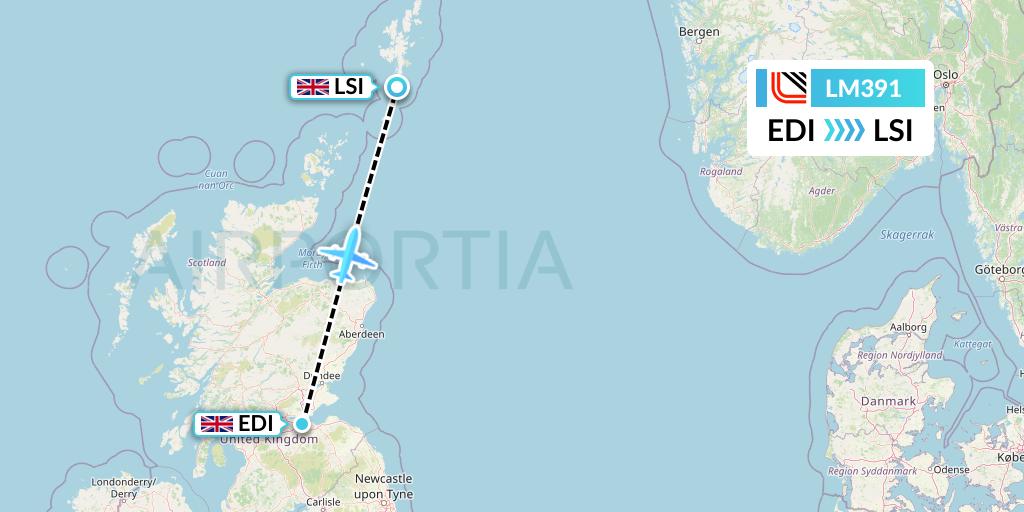LM391 Loganair Flight Map: Edinburgh to Sumburgh