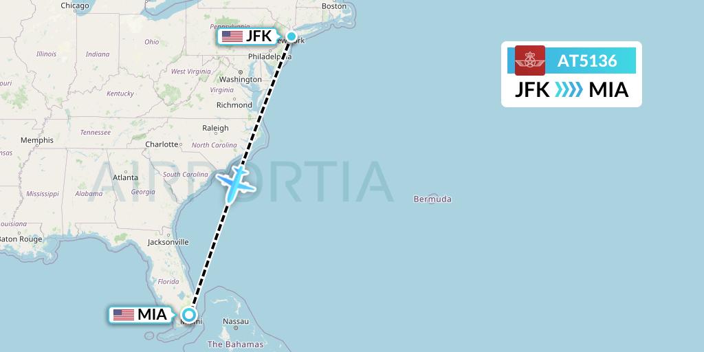 AT5136 Royal Air Maroc Flight Map: New York to Miami