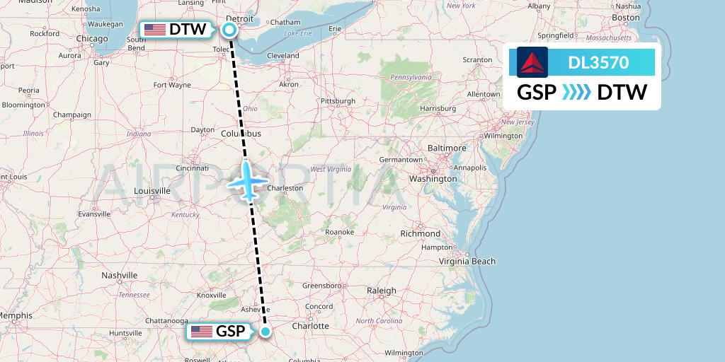 DL3570 Delta Air Lines Flight Map: Greenville-Spartanburg to Detroit
