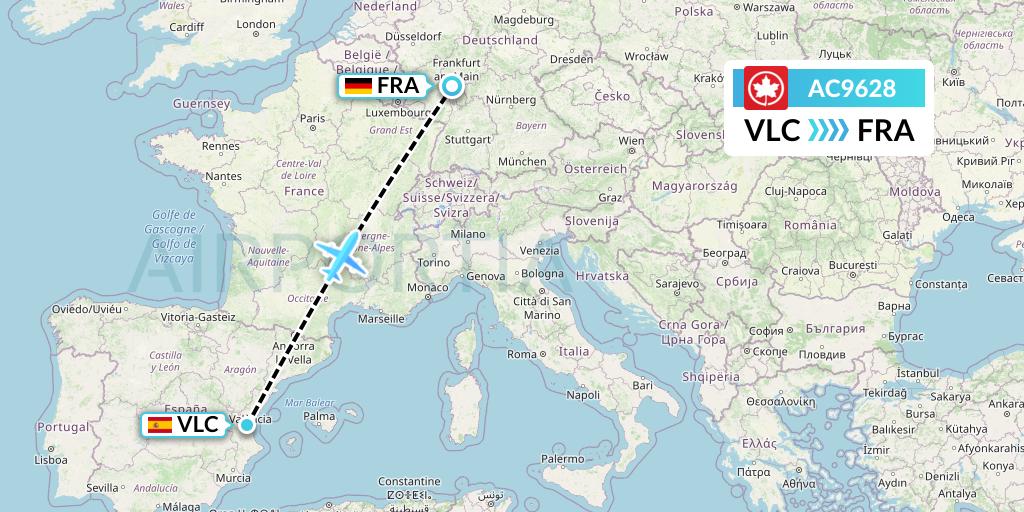 AC9628 Air Canada Flight Map: Valencia to Frankfurt