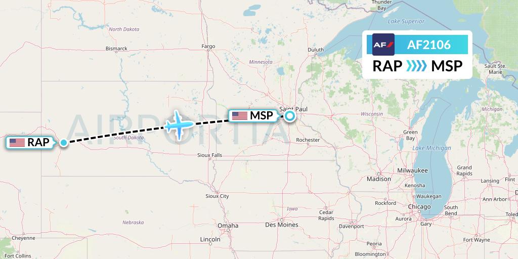 AF2106 Air France Flight Map: Rapid City to Minneapolis