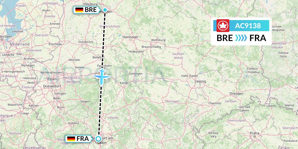 AC9138 Air Canada Flight Map: Bremen to Frankfurt