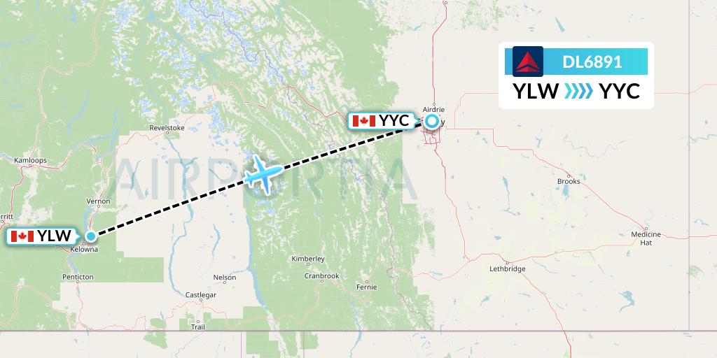 DL6891 Delta Air Lines Flight Map: Kelowna to Calgary