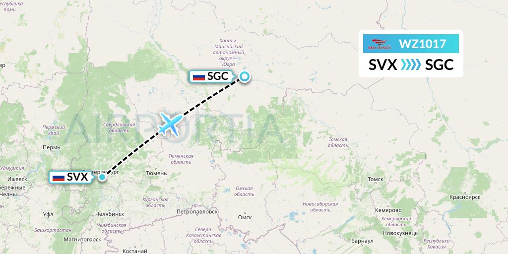 WZ1017 Red Wings Flight Map: Yekaterinburg to Surgut
