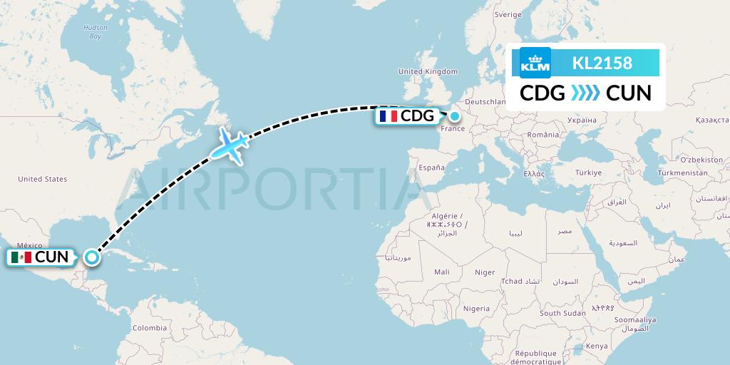 KL2158 KLM Flight Map: Paris to Cancun