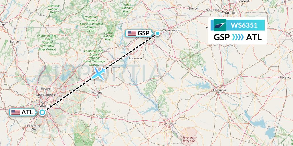 WS6351 WestJet Flight Map: Greenville-Spartanburg to Atlanta
