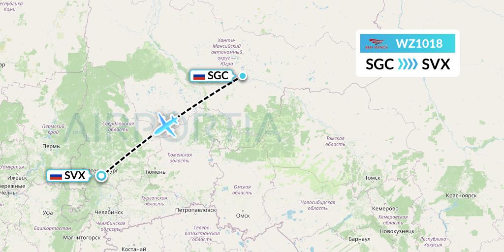 WZ1018 Red Wings Flight Map: Surgut to Yekaterinburg