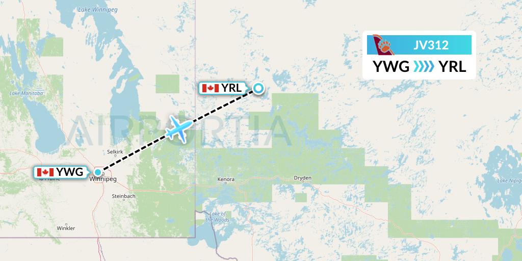 JV312 Bearskin Airlines Flight Map: Winnipeg to Red Lake
